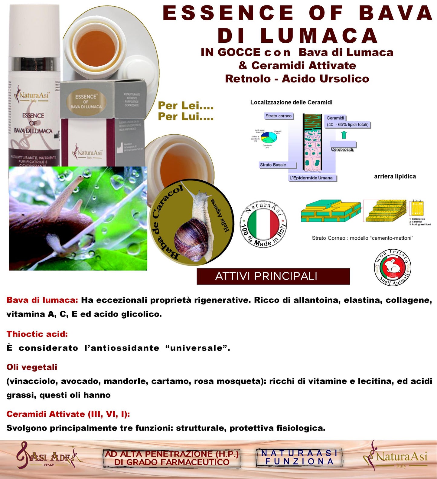 ESSENCE OF BAVA DI LUMACA NaturaAsi™ 15ml NATURAASI RISTRUTTURANTE, NUTRIENTE, PURIFICATRICE E CICATRIZZANTE riduce segni dell’acne; -contrasta le rughe e i segni d’espressione cicatrizzante Bava di lumaca Ceramidi attivate