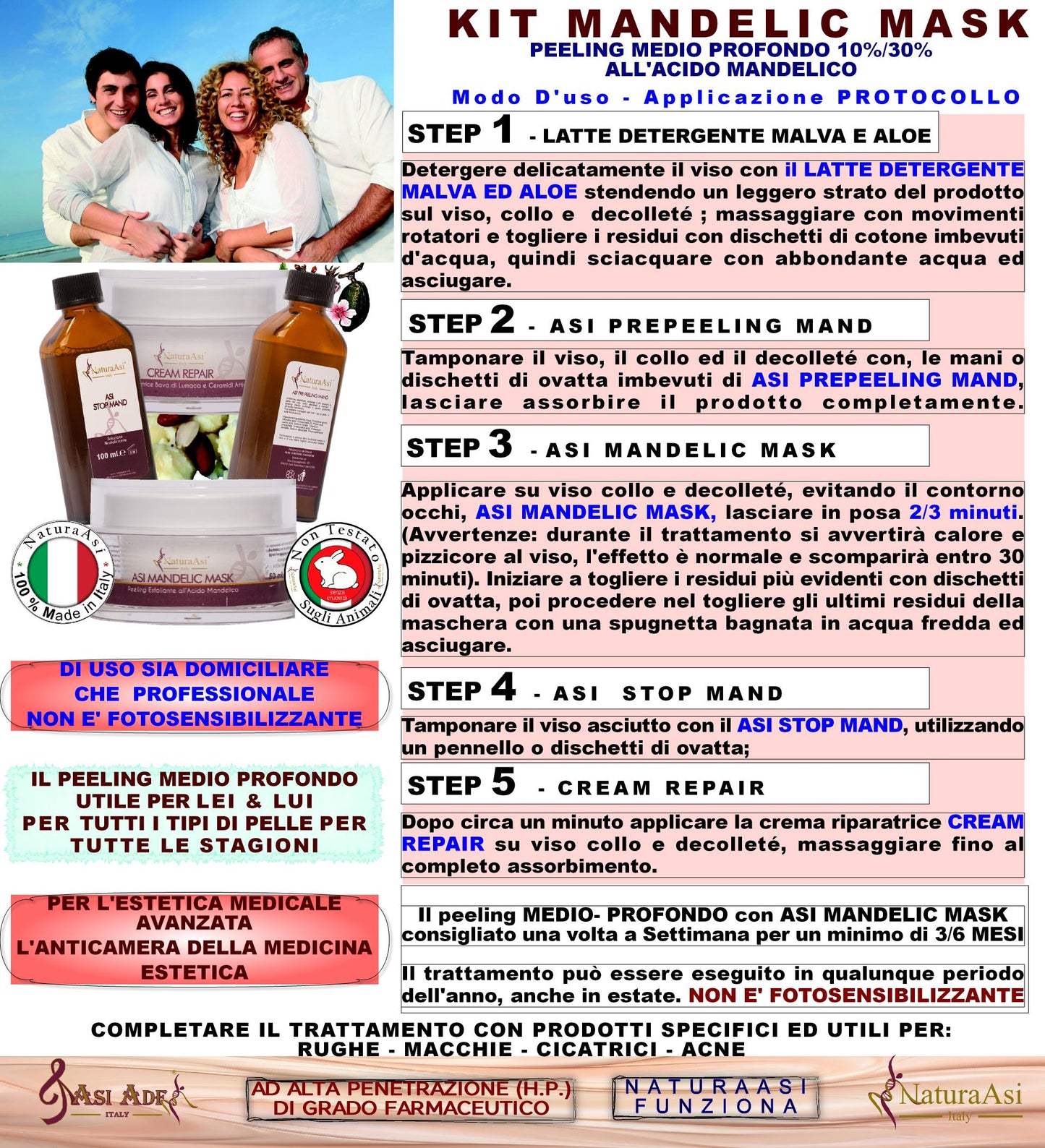 ASI KIT MANDELIC MASK NaturaAsi™ ml 300 o 70 ml PEELING MEDIO PROFONDO Pelle Acneiche, Melasma, Anti-Aging, Cloasma, Lentiggini, Rosacea. - Rugosità, Photo-Aging è un peeling chimico, attivo nella riparazione e riattivazione della pelle;