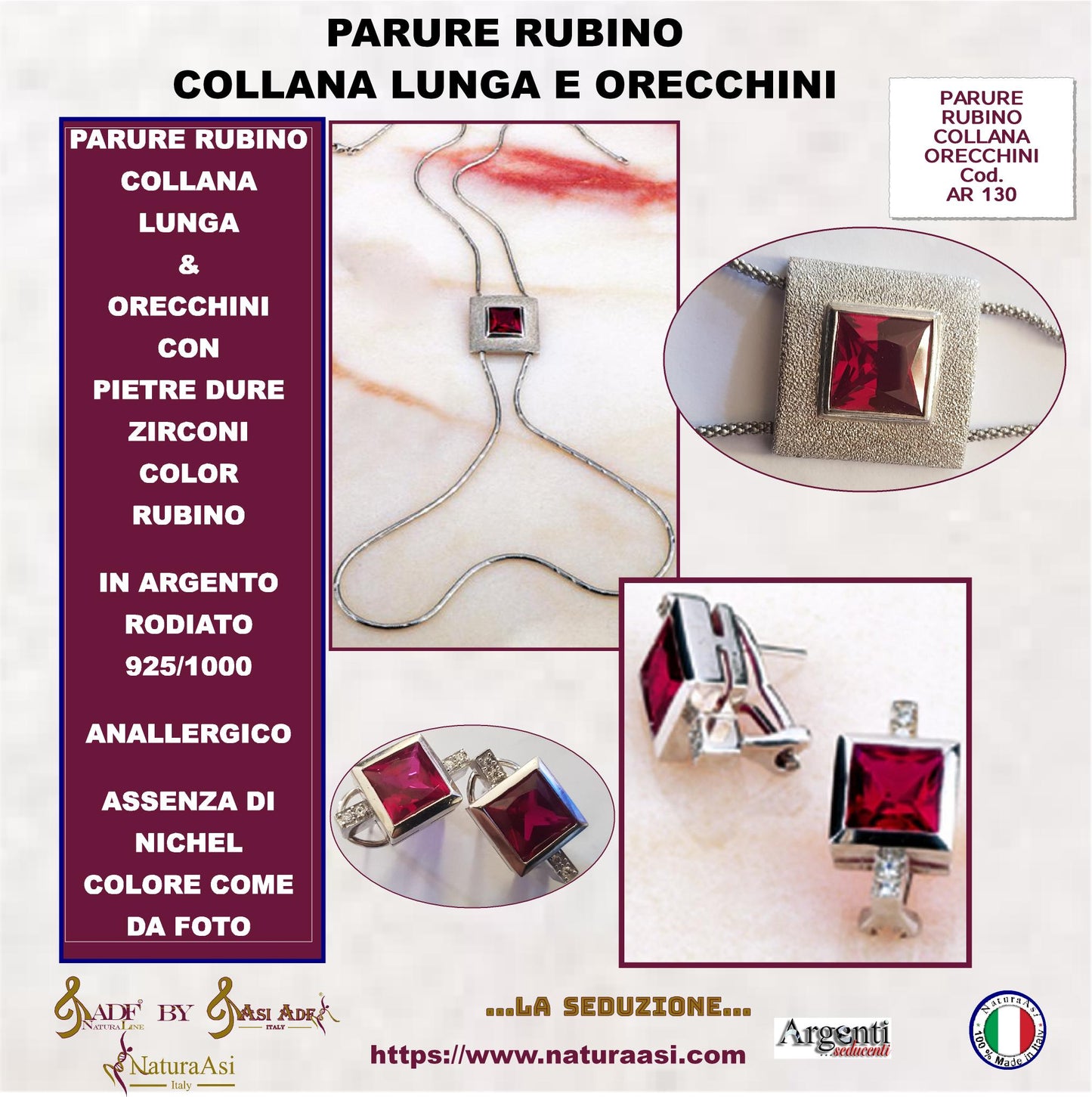 AR RUBINO PARURE COLLANA LUNGA E ORECCHINI IN ARGENTO RODIATO 925/1000 ANALLERGICO ZIRCONI COLOR RUBINO