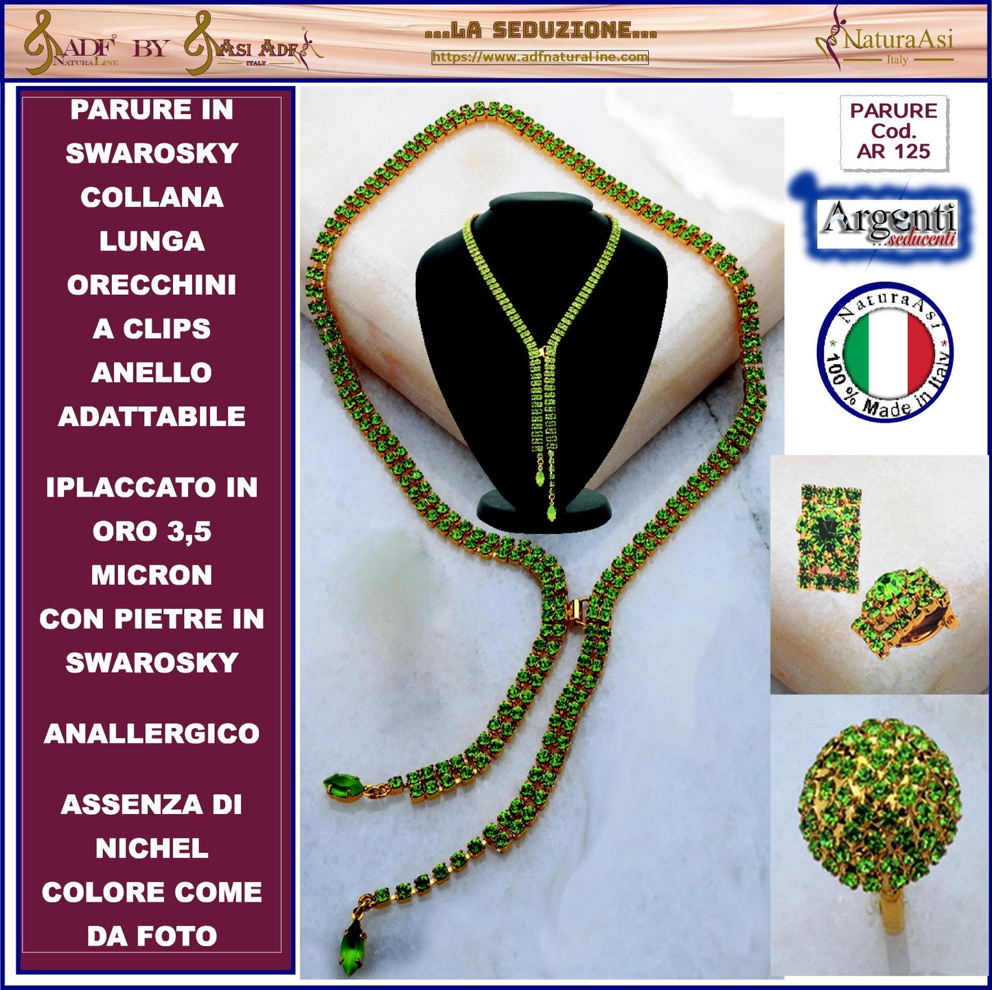 SWAROVSKI Parure Collana Orecchini Anello Adattabile Anallergico Nichel Free