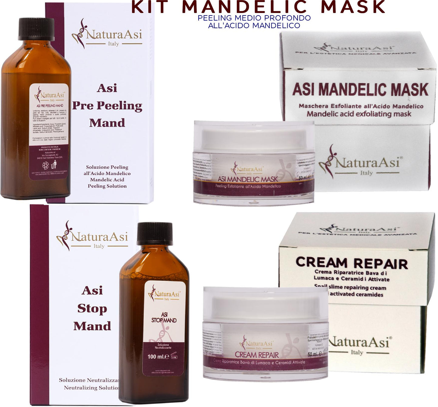 ASI KIT MANDELIC MASK NaturaAsi™ ml 300 o 70 ml PEELING MEDIO PROFONDO Pelle Acneiche, Melasma, Anti-Aging, Cloasma, Lentiggini, Rosacea. - Rugosità, Photo-Aging è un peeling chimico, attivo nella riparazione e riattivazione della pelle;
