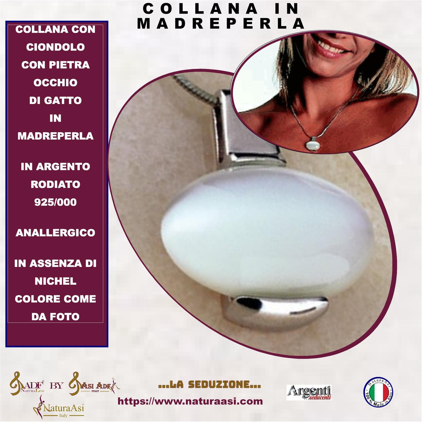 AR COLLANA CON CIONDOLO CON PIETRA OCCHIO DI GATTO IN MADREPERLA IN ARGENTO RODIATO 925/000 ANALLERGICO NICHEL FREE