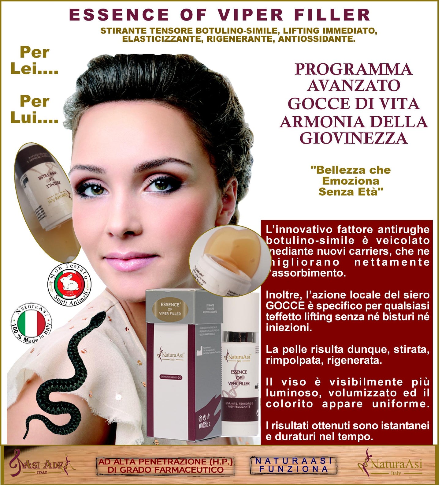 ESSENCE OF VIPER FILLER RIEPITELIZZANTE stirante effetto tensore contrasta stimola tonifica compatta.
