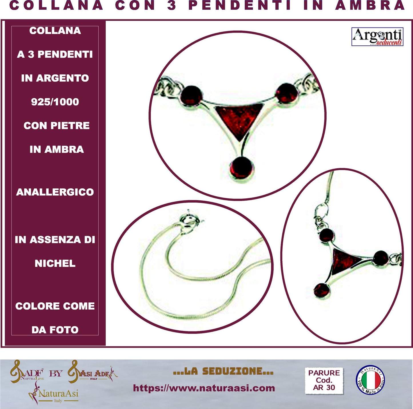 AR COLLANA A 3 PENDENTI IN ARGENTO 925/1000 CON PIETRE IN AMBRA