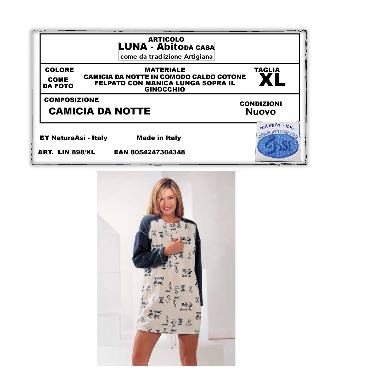 LUNA ABITO DA CASA CAMICIA DA NOTTE IN CALDO COTONE FELPATO MANICA LUNGA