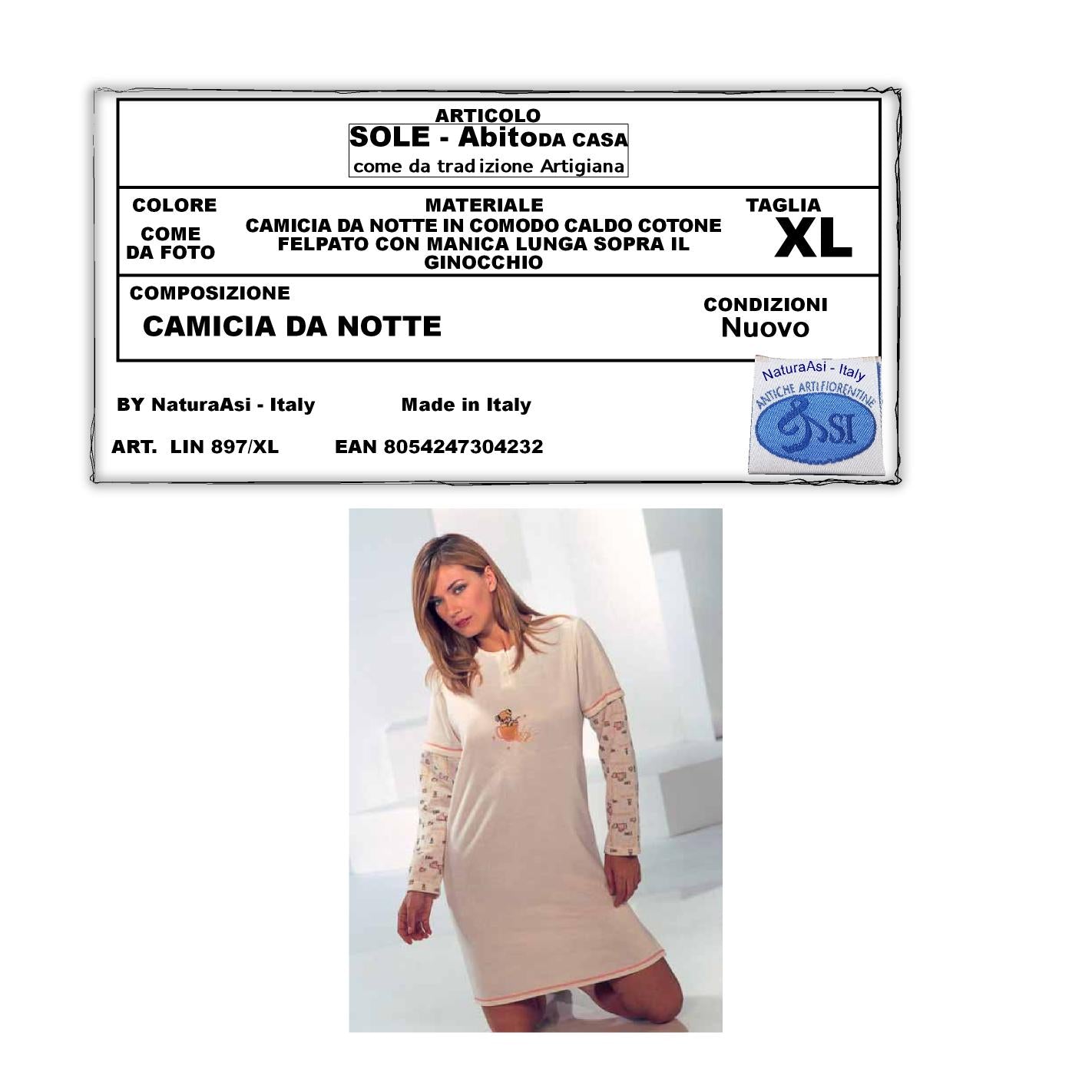 SOLE ABITO DA CASA CAMICIA DA NOTTE IN CALDO COTONE FELPATO MANICA LUNGA