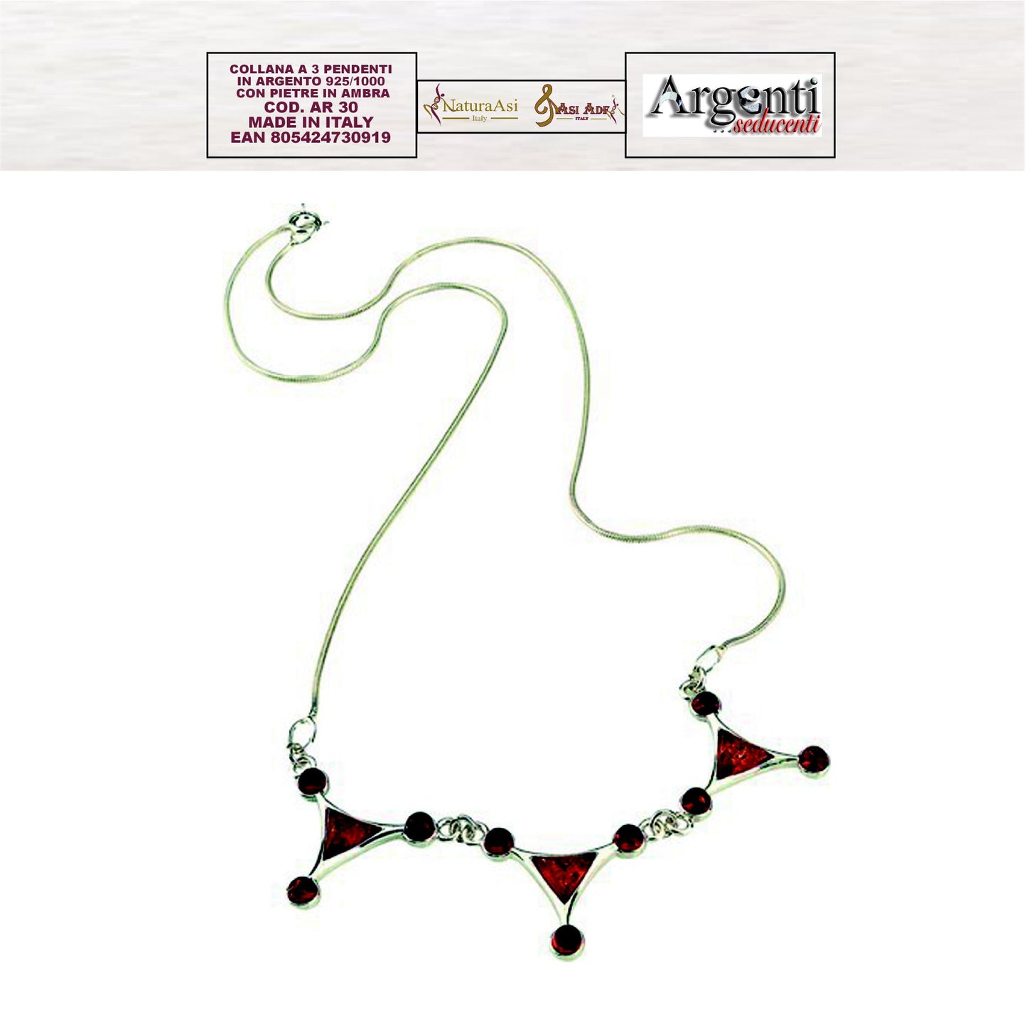 AR COLLANA A 3 PENDENTI IN ARGENTO 925/1000 CON PIETRE IN AMBRA