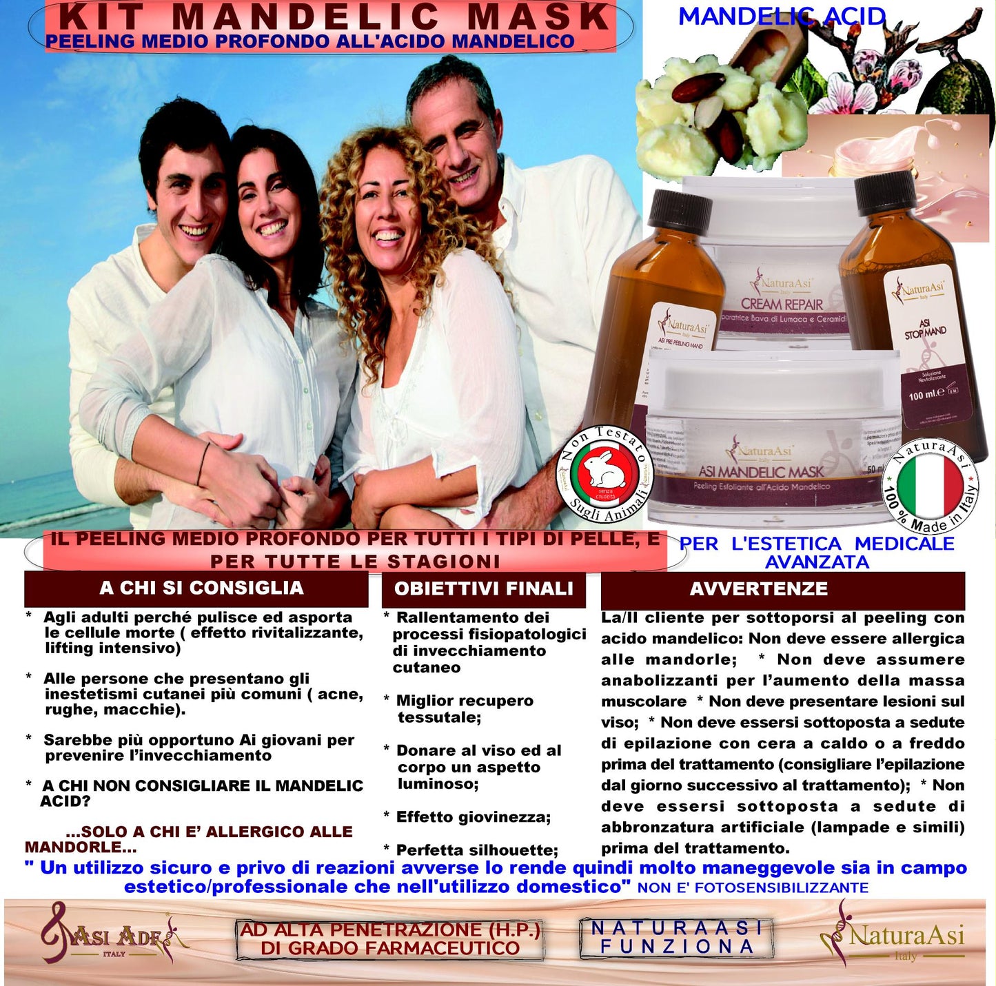 ASI KIT MANDELIC MASK NaturaAsi™ ml 300 o 70 ml PEELING MEDIO PROFONDO Pelle Acneiche, Melasma, Anti-Aging, Cloasma, Lentiggini, Rosacea. - Rugosità, Photo-Aging è un peeling chimico, attivo nella riparazione e riattivazione della pelle;