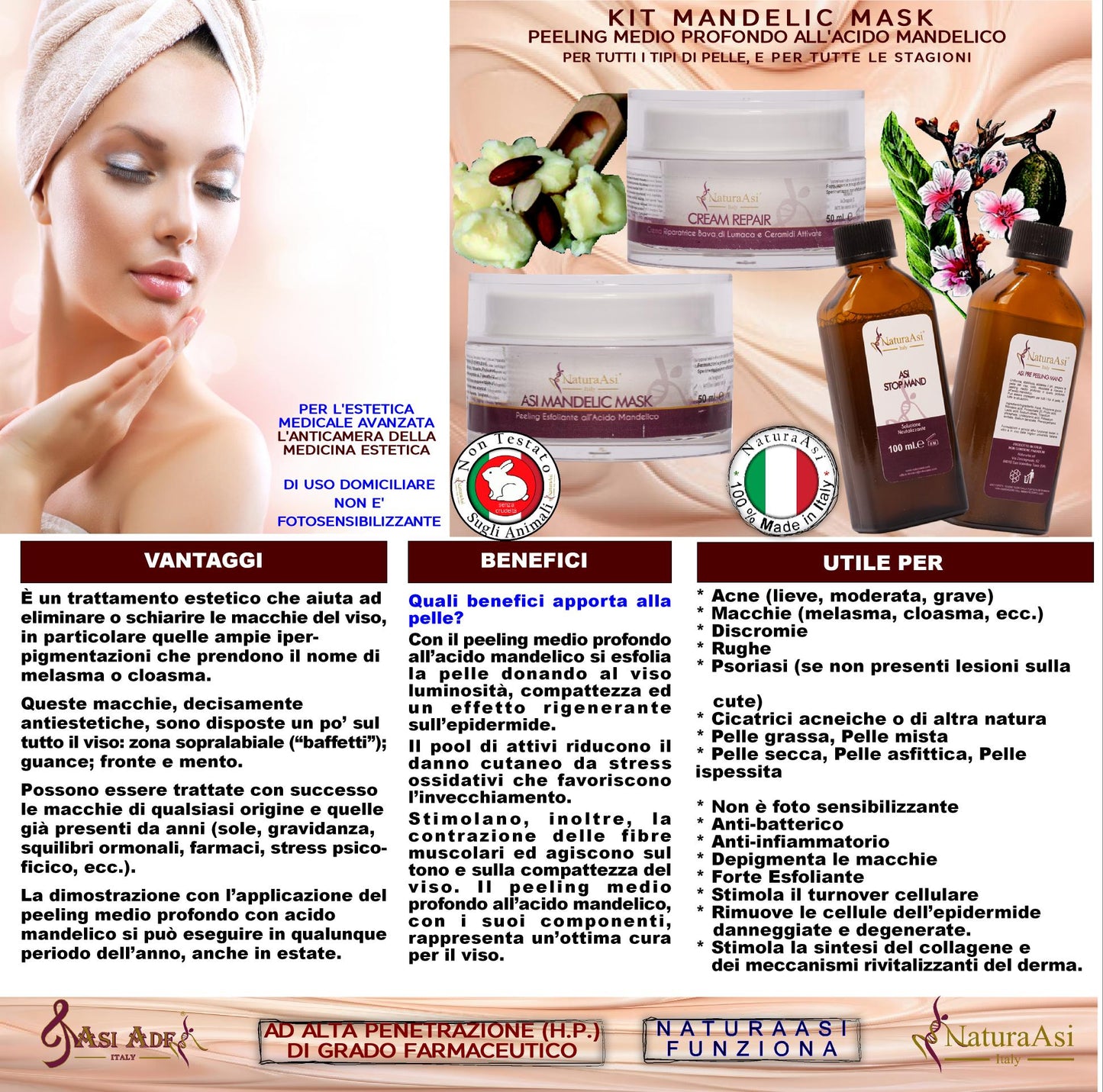 ASI KIT MANDELIC MASK NaturaAsi™ ml 300 o 70 ml PEELING MEDIO PROFONDO Pelle Acneiche, Melasma, Anti-Aging, Cloasma, Lentiggini, Rosacea. - Rugosità, Photo-Aging è un peeling chimico, attivo nella riparazione e riattivazione della pelle;