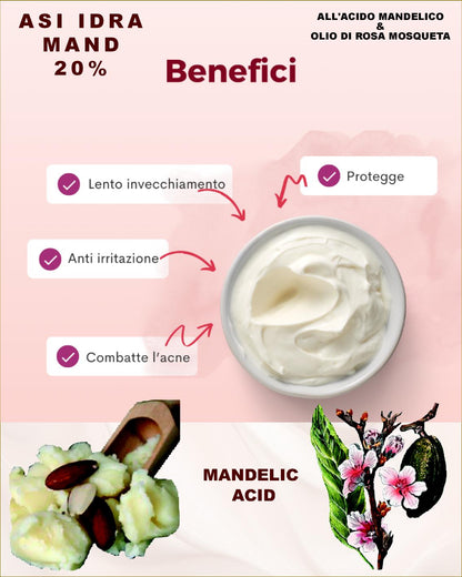 ASI IDRA MAND ml 50 & ml 15 | NaturaAsi™ ESFOLIANTE, DEPIGMENTANTE, RIEPITELIZZANTE, CICATRIZZANTE, ANTI-BATTERICA Permette una continua esfoliazione. Svolge un’azione sebo-statica, idratante e lenitiva. Leviga la pelle ed attenua i segni d’espressione.