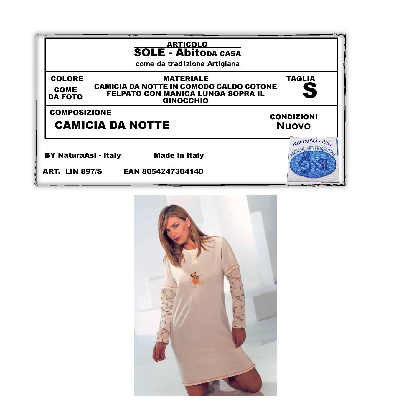 SOLE ABITO DA CASA CAMICIA DA NOTTE IN CALDO COTONE FELPATO MANICA LUNGA