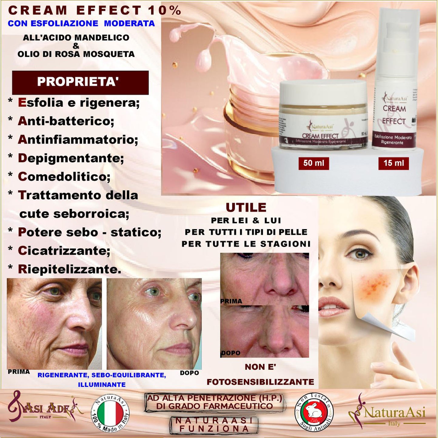 ASI CREAM EFFECT | NaturaAsi™ ml 50 ESFOLIANTE MODERATA, SEBO-EQUILIBRANTE, ILLUMINANTE E RIGENERANTE -Indicato per pelli acneiche, miste o grasse.