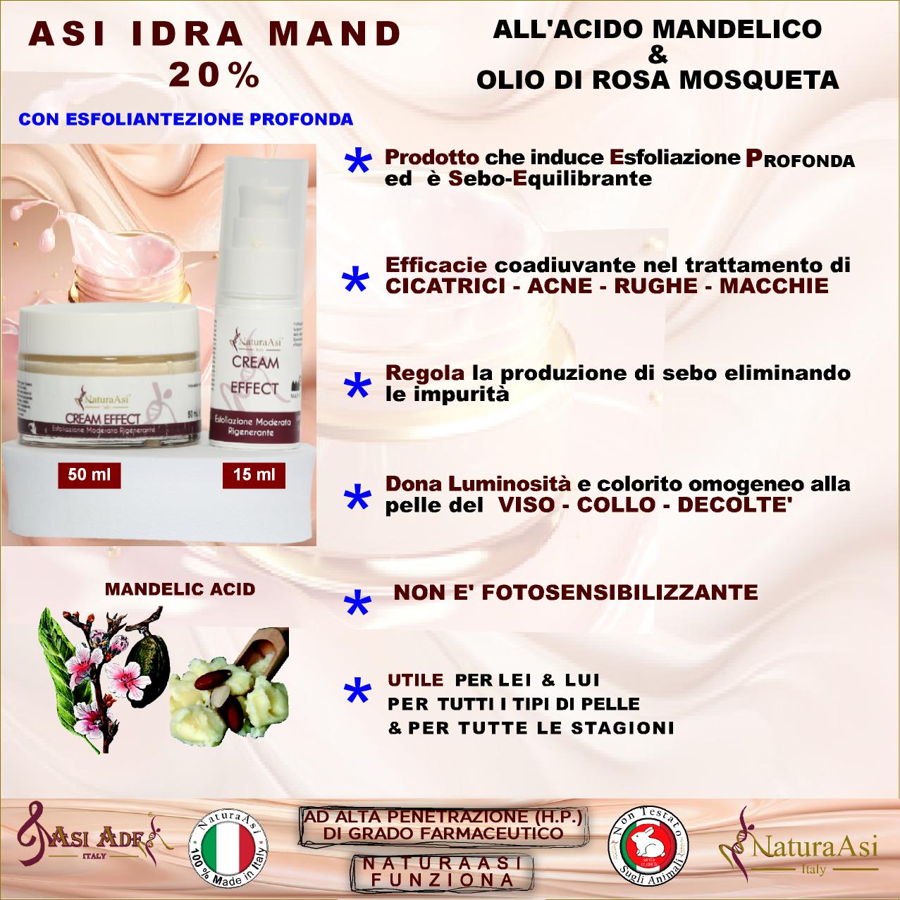 ASI IDRA MAND | NaturaAsi™ ml 50 ESFOLIANTE, DEPIGMENTANTE, RIEPITELIZZANTE, CICATRIZZANTE, ANTI-BATTERICA Permette una continua esfoliazione. Svolge un’azione sebo-statica, idratante e lenitiva. Leviga la pelle ed attenua i segni d’espressione.