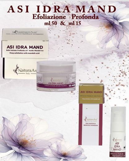 ASI IDRA MAND ml 50 & ml 15 | NaturaAsi™ ESFOLIANTE, DEPIGMENTANTE, RIEPITELIZZANTE, CICATRIZZANTE, ANTI-BATTERICA Permette una continua esfoliazione. Svolge un’azione sebo-statica, idratante e lenitiva. Leviga la pelle ed attenua i segni d’espressione.