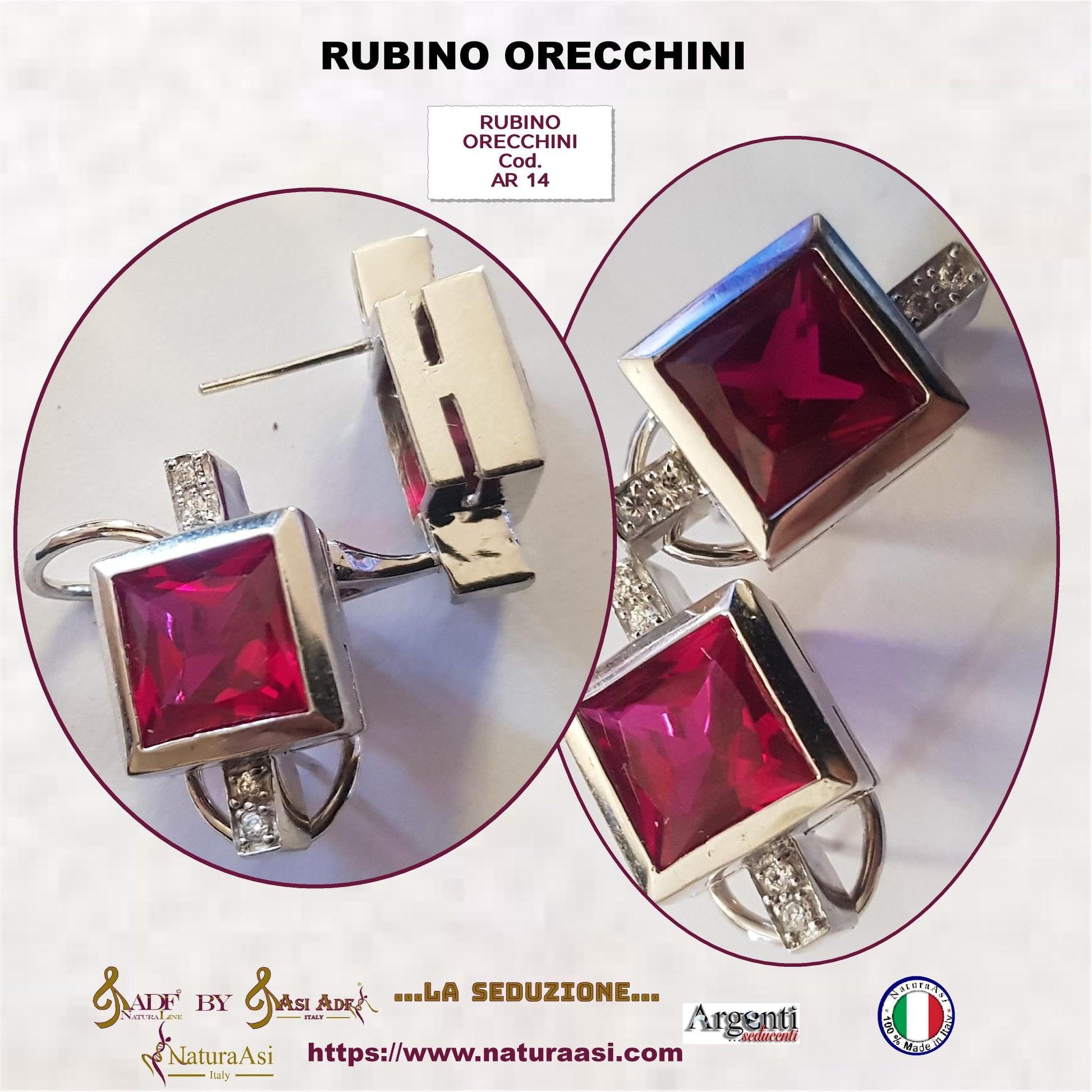 Orecchini in argento con rubino di sintesi incastonato e disco in zirconi removibile (doppio uso Orecchini in argento con rubino di sintesi incastonato e disco in zirconi removibile (doppio uso