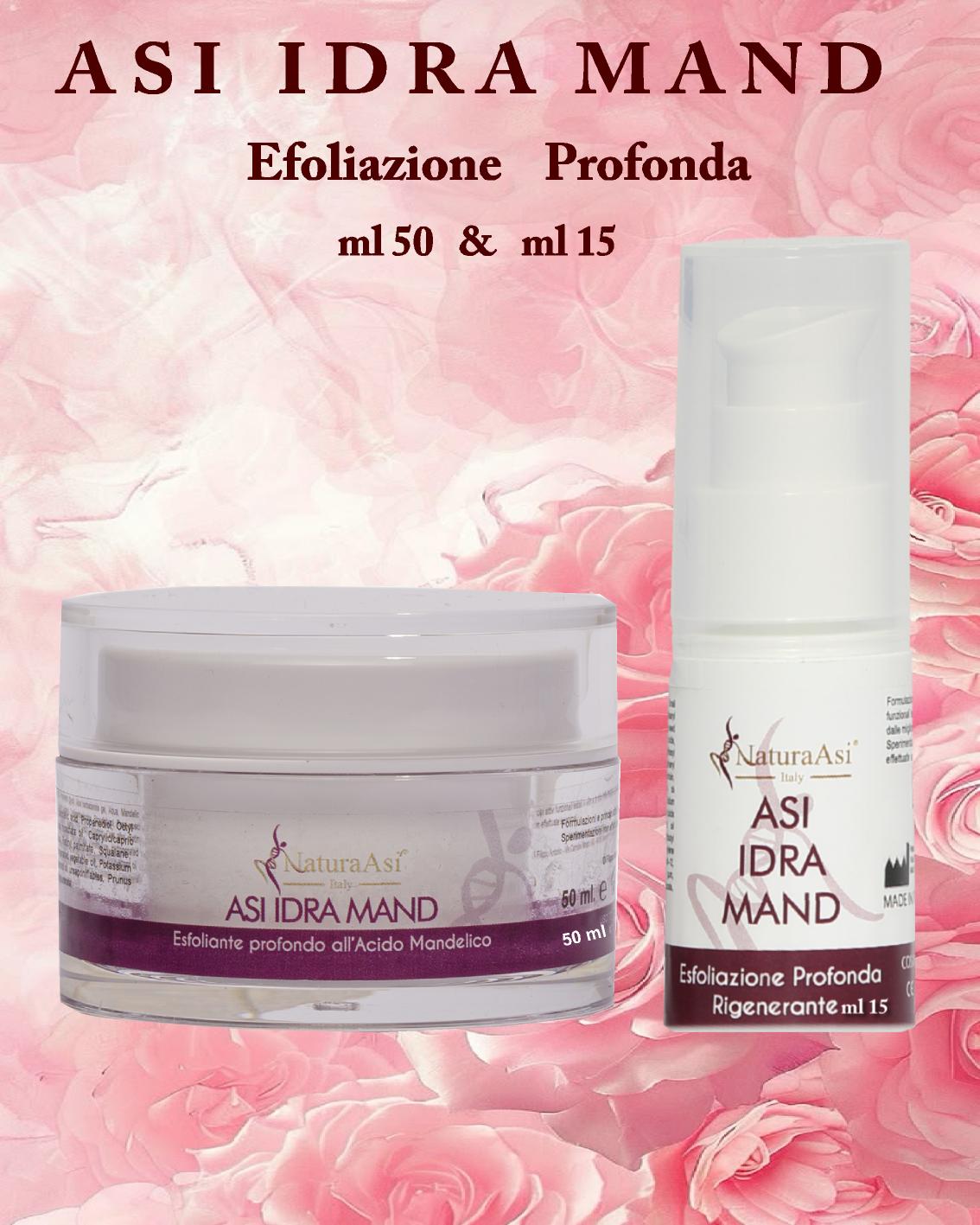 ASI IDRA MAND ml 50 & ml 15 | NaturaAsi™ ESFOLIANTE, DEPIGMENTANTE, RIEPITELIZZANTE, CICATRIZZANTE, ANTI-BATTERICA Permette una continua esfoliazione. Svolge un’azione sebo-statica, idratante e lenitiva. Leviga la pelle ed attenua i segni d’espressione.
