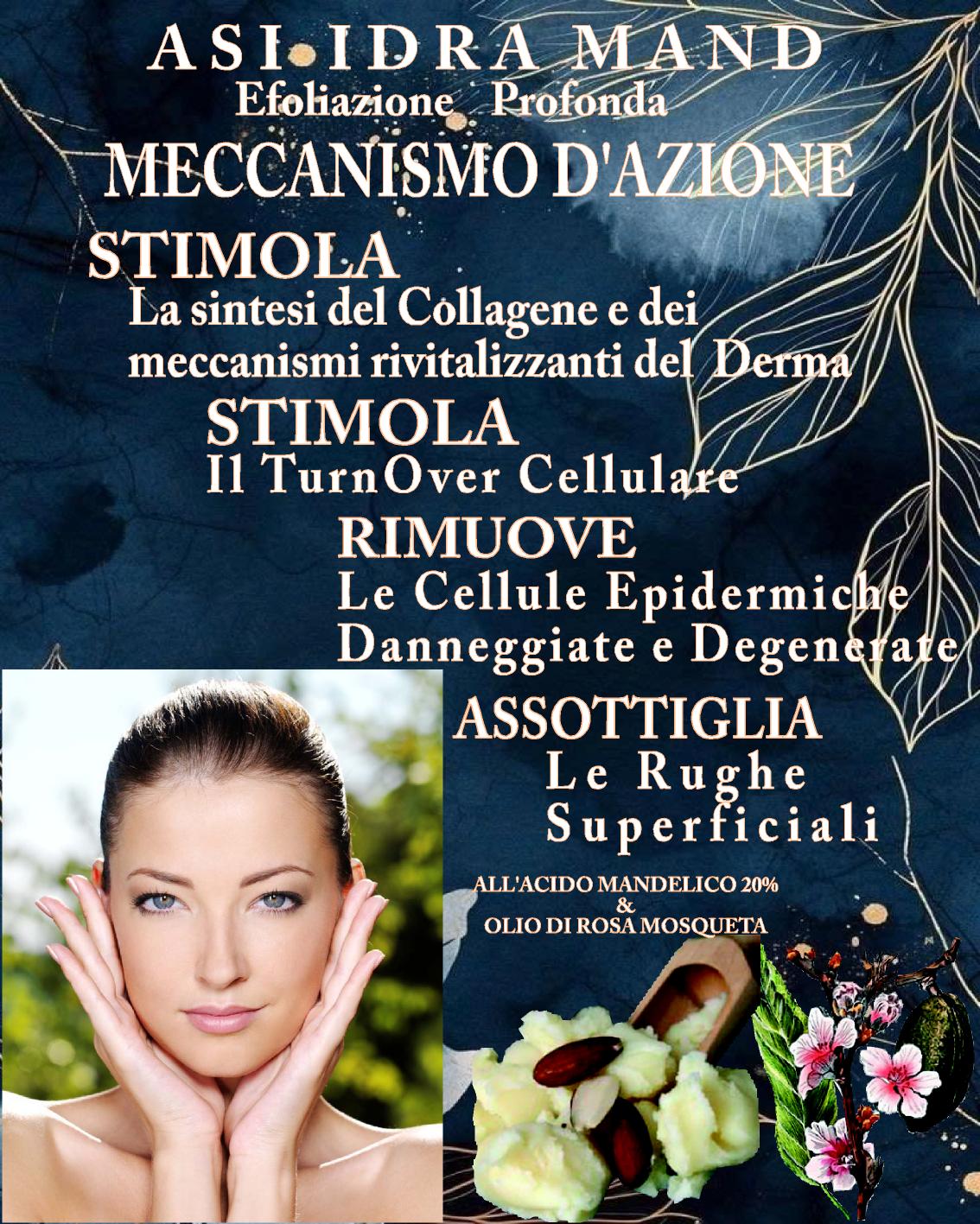 ASI IDRA MAND ml 50 & ml 15 | NaturaAsi™ ESFOLIANTE, DEPIGMENTANTE, RIEPITELIZZANTE, CICATRIZZANTE, ANTI-BATTERICA Permette una continua esfoliazione. Svolge un’azione sebo-statica, idratante e lenitiva. Leviga la pelle ed attenua i segni d’espressione.