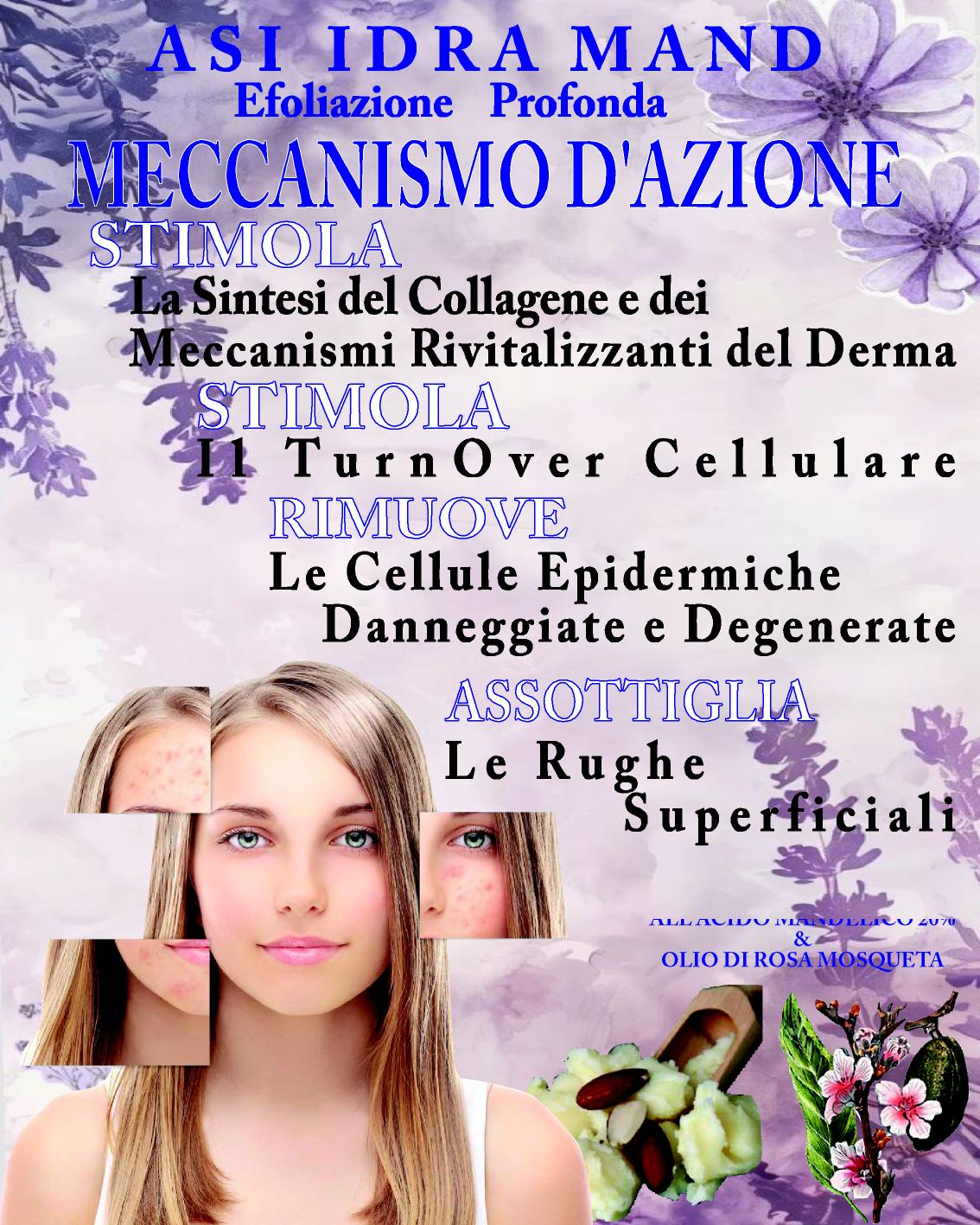 ASI IDRA MAND ml 50 & ml 15 | NaturaAsi™ ESFOLIANTE, DEPIGMENTANTE, RIEPITELIZZANTE, CICATRIZZANTE, ANTI-BATTERICA Permette una continua esfoliazione. Svolge un’azione sebo-statica, idratante e lenitiva. Leviga la pelle ed attenua i segni d’espressione.