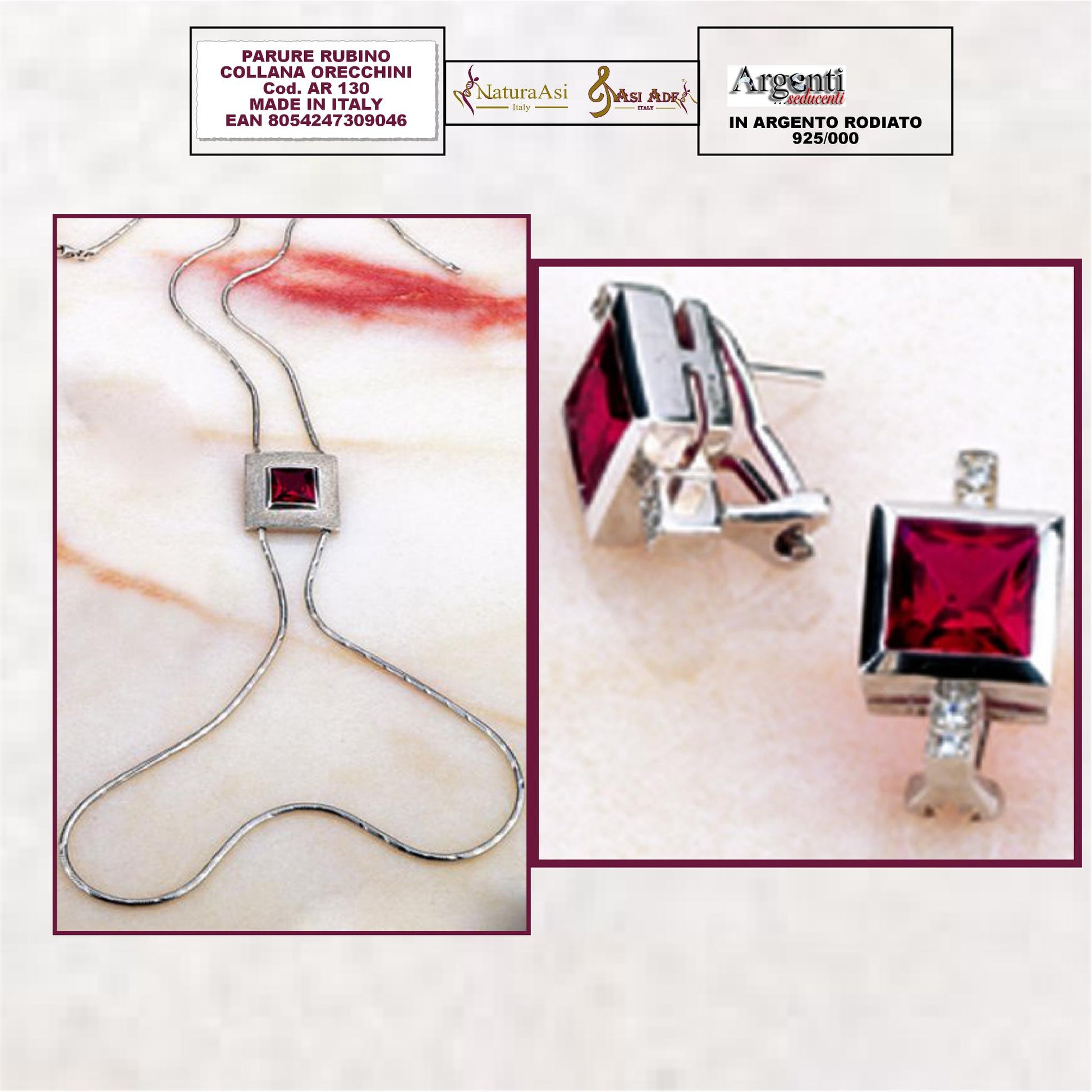 AR RUBINO PARURE COLLANA LUNGA E ORECCHINI IN ARGENTO RODIATO 925/1000 AR RUBINO PARURE COLLANA LUNGA E ORECCHINI IN ARGENTO RODIATO 925/1000