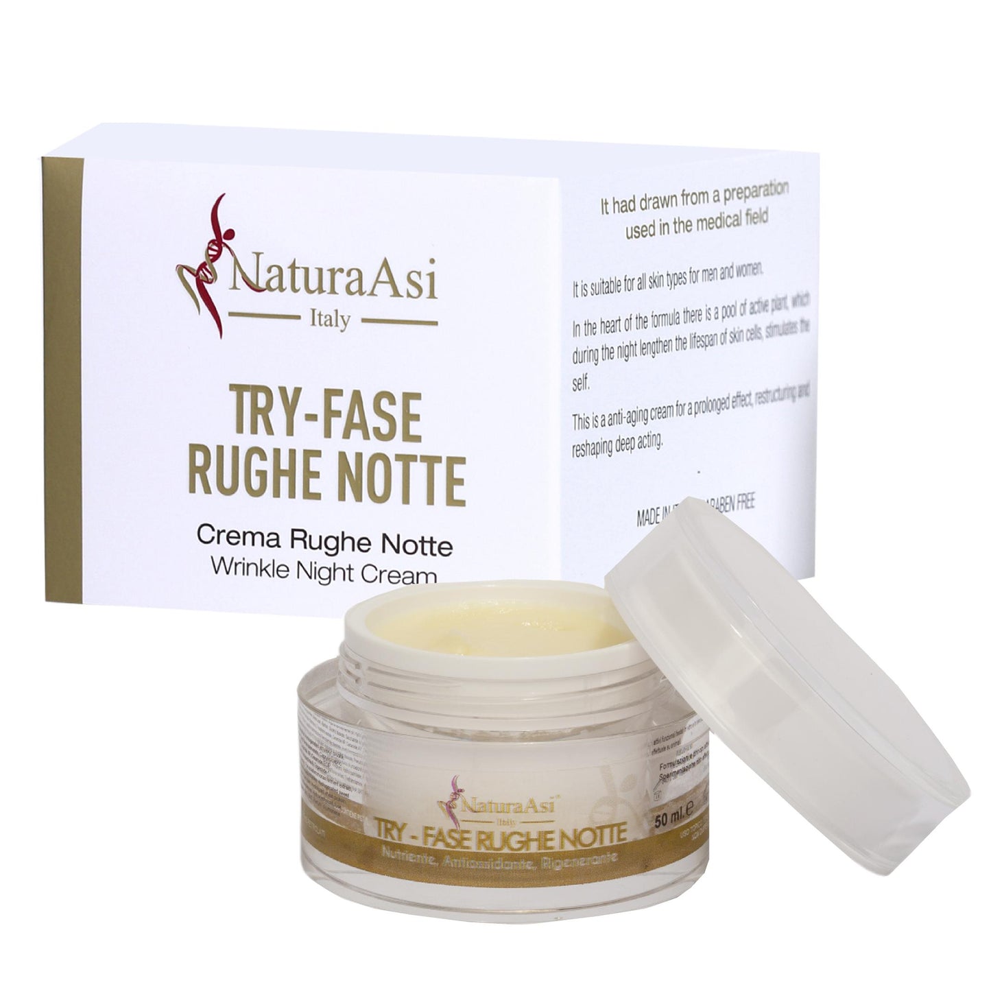 CREMA RUGHE NOTTE | NaturaAsi™ ml50 NUTRIENTE, ANTIOSSIDANTE, RIGENERANTE Rigenera e Nutre in profondità Possiede un effetto Rimpolpante; -Riempie le rughe e le linee sottili;