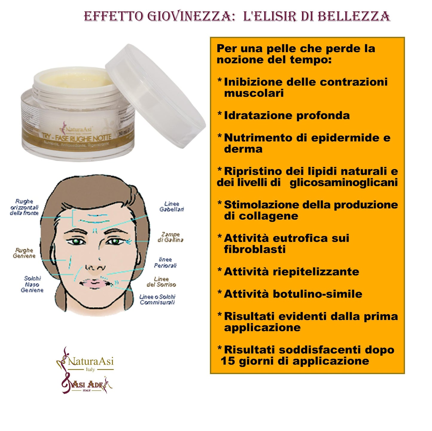 CREMA RUGHE NOTTE | NaturaAsi™ ml50 NUTRIENTE, ANTIOSSIDANTE, RIGENERANTE Rigenera e Nutre in profondità Possiede un effetto Rimpolpante; -Riempie le rughe e le linee sottili;